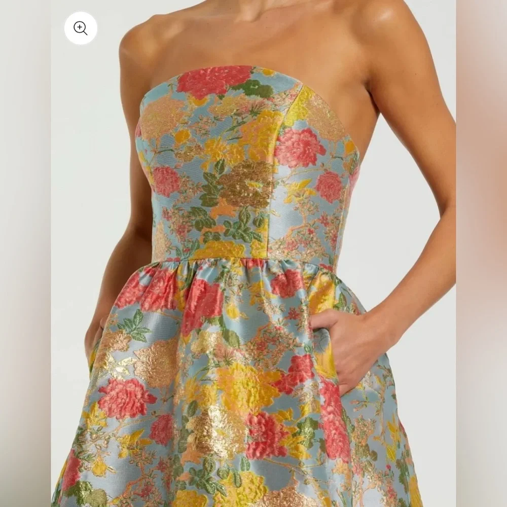 Mac Duggal Multicolor Strapless Floral Brocade Dress with Ruffles size 0 - Picture 4 of 7